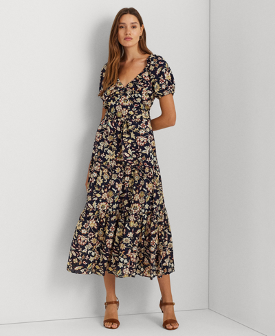 Lauren Ralph Lauren Women's Floral Cotton Voile Puff-sleeve Dress In Navy Multi