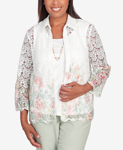 Alfred Dunner Women's English Garden Floral Border Lace Two In One Top With Necklace In Multi