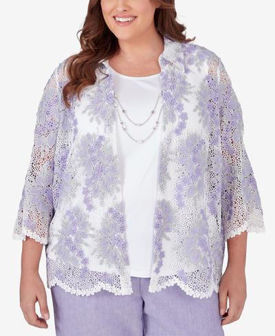 Alfred Dunner Plus Size Isn't It Romantic Collared Floral Lace Two In One Top With Necklace In Multi