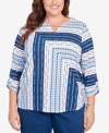 ALFRED DUNNER PLUS SIZE IN FULL BLOOM SPLICED TEXTURE STRIPE SIDE TIE TOP