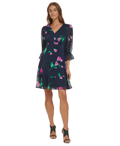 Dkny Women's Printed V-neck Ruffle-hem Dress In Navy Rasberry