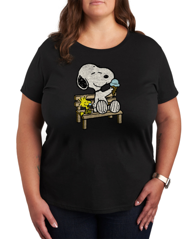 Air Waves Trendy Plus Size Peanuts Snoopy & Woodstock Graphic T-shirt In Black
