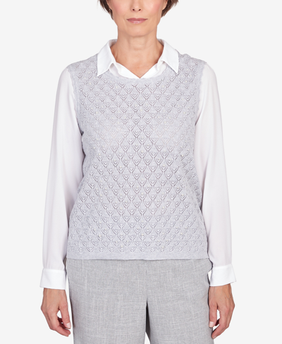 Alfred Dunner Women's Isn't It Romantic Collar Layered Imitation Pearl Trim Sweater In Gray
