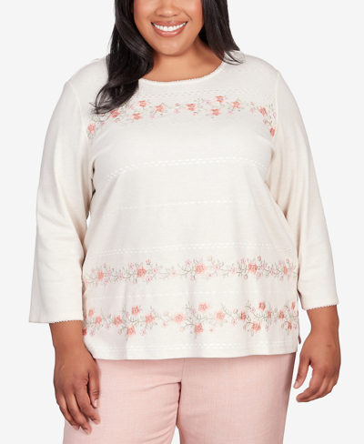 Alfred Dunner Plus Size English Garden Flower Biadere Embroidery Split Hem Top In Oatmeal