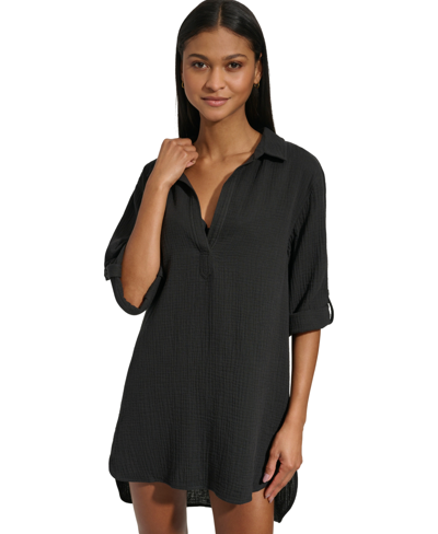 Dkny Women's Gauze Beach Tunic Cotton Cover-up Dress In Black