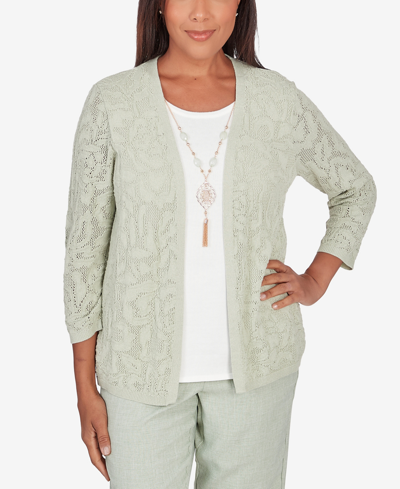 Alfred Dunner Women's English Garden Flower Stitch Two In One Top With Necklace In Sage