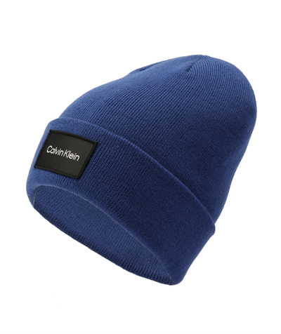 Calvin Klein Men's Woven Logo Patch Beanie In Mazarine Blue