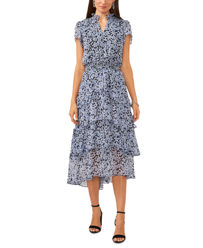 Sam & Jess Women's Floral-printed Smocked-waist Tiered Midi Dress In Blue  White Floral