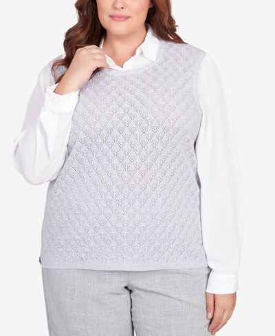 Alfred Dunner Plus Size Isn't It Romantic Collar Layered Imitation Pearl Trim Sweater In Gray