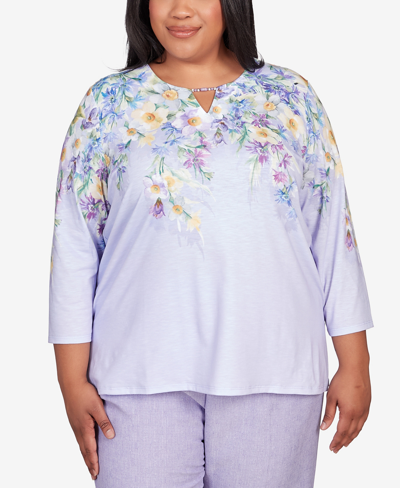 Alfred Dunner Plus Size Isn't It Romantic Spring Flower Split Neck Top In Lilac