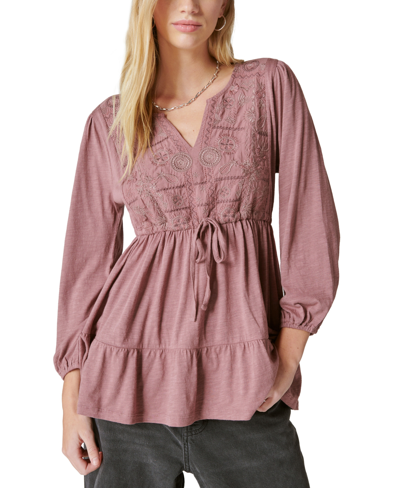 Lucky Brand Women's Embroidered Tiered Tunic Top In Roan Rouge