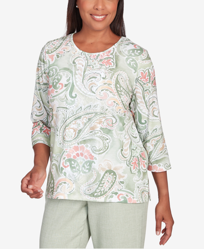 Alfred Dunner Petite English Garden Paisley Lace Paneled Crew Neck Top In Sage