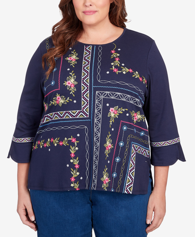 Alfred Dunner Plus Size In Full Bloom Flower Embroidery Quad Top In Navy