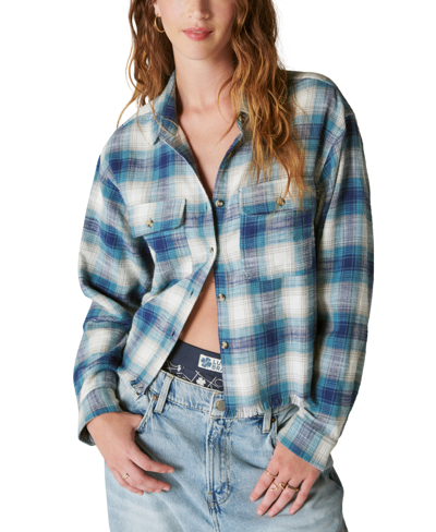 Lucky Brand Women's Cotton Plaid Fringe-hem Cropped Shirt In Teal Plaid