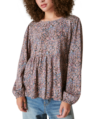 Lucky Brand Women's Cotton Printed Long-sleeve Babydoll Top In Misty Rose Paisley