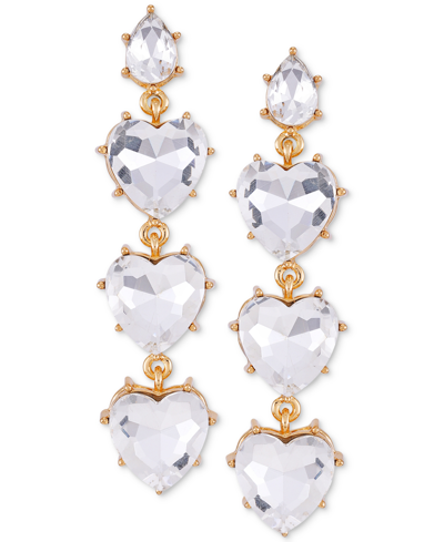 Guess Gold-tone Heart-shape Stone Linear Drop Earrings In Clear