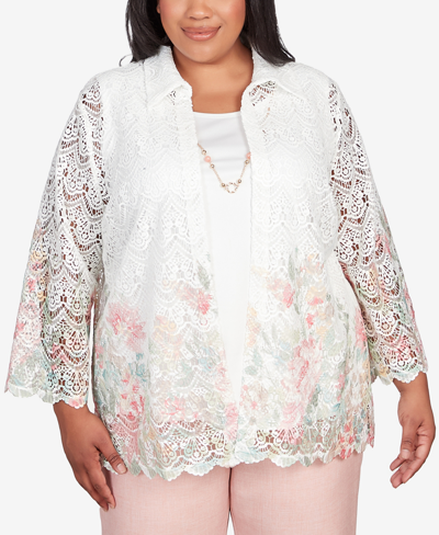 Alfred Dunner Plus Size English Garden Floral Border Lace Two In One Top With Necklace In Multi