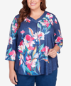 ALFRED DUNNER PLUS SIZE IN FULL BLOOM PLACED FLORAL V-NECK TOP