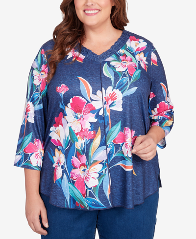 Alfred Dunner Plus Size In Full Bloom Placed Floral V-neck Top In Navy