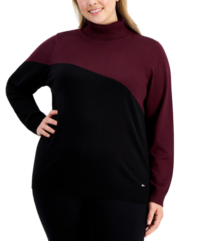 Calvin Klein Asymmetrical Colorblock Turtleneck Sweater In Port,black
