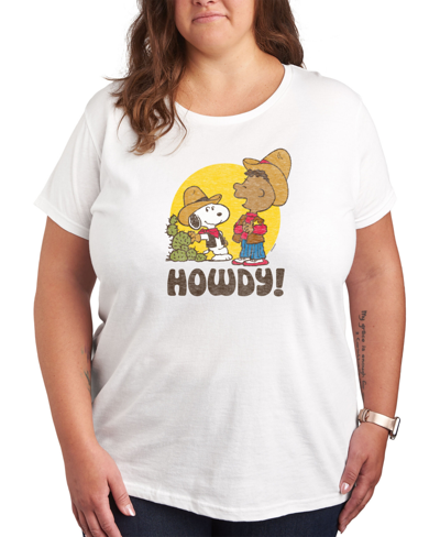 Air Waves Trendy Plus Size Peanuts Snoopy & Franklin Western Cowboy Howdy Graphic T-shirt In White