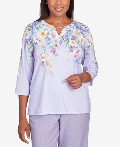 Alfred Dunner Women's Isn't It Romantic Spring Flower Split Neck Top In Lilac