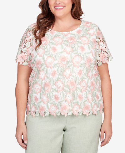 Alfred Dunner Plus Size English Garden Lace Floral Scallop Hem Top In Multi