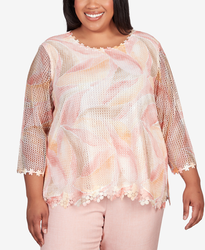 Alfred Dunner Plus Size English Garden Stained Glass Mesh Split Hem Top In Peach