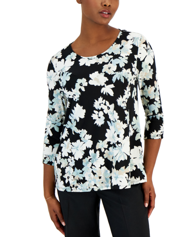 Ak Anne Klein Petite Floral Ruched-sleeve Top In Jade Stone Multi