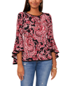 Sam & Jess Petite Contrast-trim Bell-sleeve Top In Black  Red Paisley
