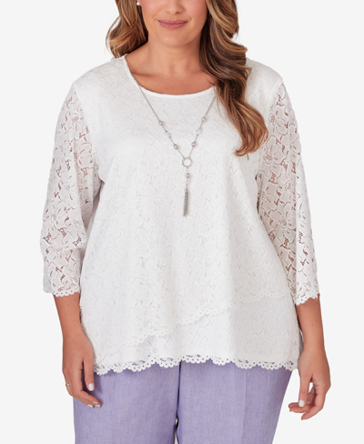 Alfred Dunner Plus Size Isn't It Romantic Lace Tulip Hem Top With Necklace In Off White
