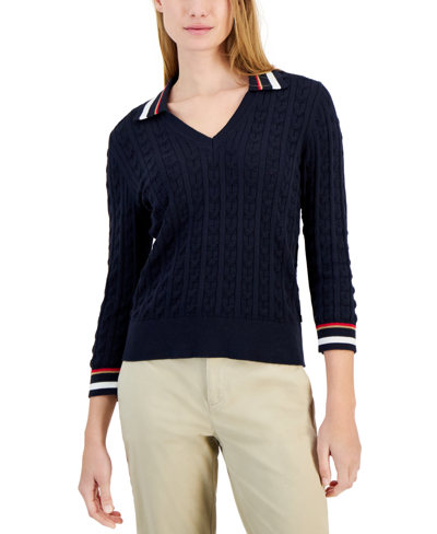 Tommy Hilfiger Women's Cotton Striped-collar Cable-knit Sweater In Sky Captain Multi