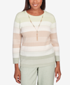 ALFRED DUNNER WOMEN'S ENGLISH GARDEN TEXTURE STRIPE CREW NECK SWEATER WITH NECKLACE
