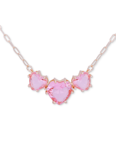 Guess Triple Heart-shape Stone Statement Necklace, 16" + 2" Extender In Rose