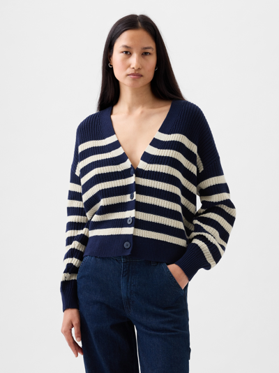 Gap Shaker-stitch Cardigan In Navy Blue & White Stripe