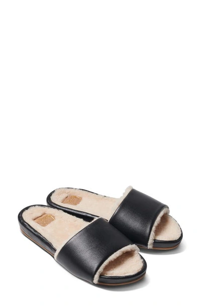 Beek Gallito Genuine Shearling Slide Sandal In Black Leather