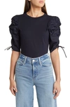 Frame Ruched Sleeve T-shirt In Navy