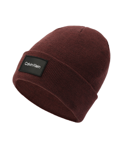 Calvin Klein Men's Woven Logo Patch Beanie In Tawny Port Heather