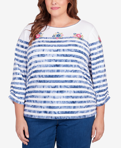 Alfred Dunner Plus Size In Full Bloom Tie Dye Stripe Flower Embroidered Top In Multi