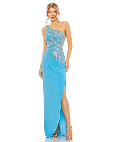 Mac Duggal Embellished One Shoulder Cut Out Gown In Turquoise