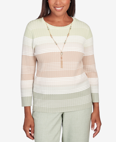 Alfred Dunner Women's English Garden Texture Stripe Crew Neck Sweater With Necklace In Multi