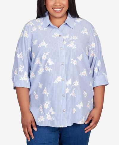 ALFRED DUNNER PLUS SIZE IN FULL BLOOM EMBROIDERED BUTTERFLY STRIPE BUTTON DOWN TOP