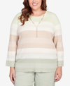 ALFRED DUNNER PLUS SIZE ENGLISH GARDEN TEXTURE STRIPE CREW NECK SWEATER WITH NECKLACE
