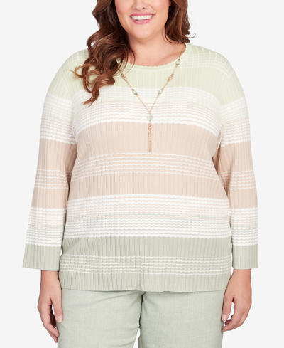 Alfred Dunner Plus Size English Garden Texture Stripe Crew Neck Sweater With Necklace In Multi