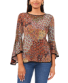 Sam & Jess Petite Contrast-trim Bell-sleeve Top In Spice Peacock