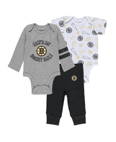 Wear By Erin Andrews Babies' New-born And Infant Boys And Girls Gray, White, Black Boston Bruins Three-piece Turn Me Around Bodys In Gray,white,black