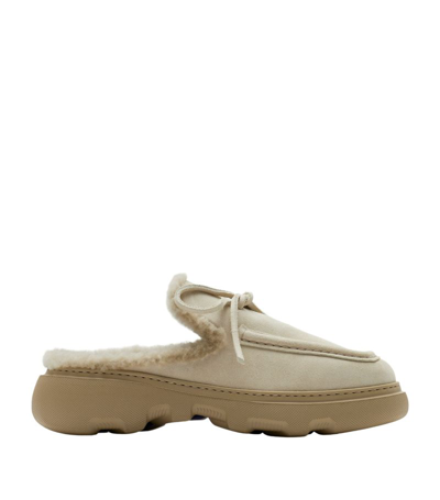 Burberry Logo-charm Suede Mules In Neutrals