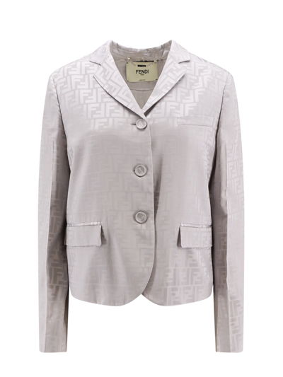 Fendi Single Breasted Ff Jacquard Satin Jacket In Grey