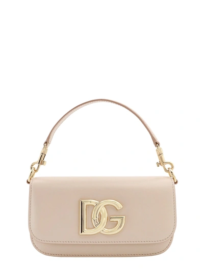 Dolce & Gabbana Leather Shoulder Bag With Metal Monogram In Neutrals