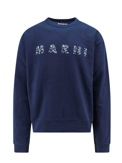Marni Floral Logo Print Cotton Sweatshirt In Blue
